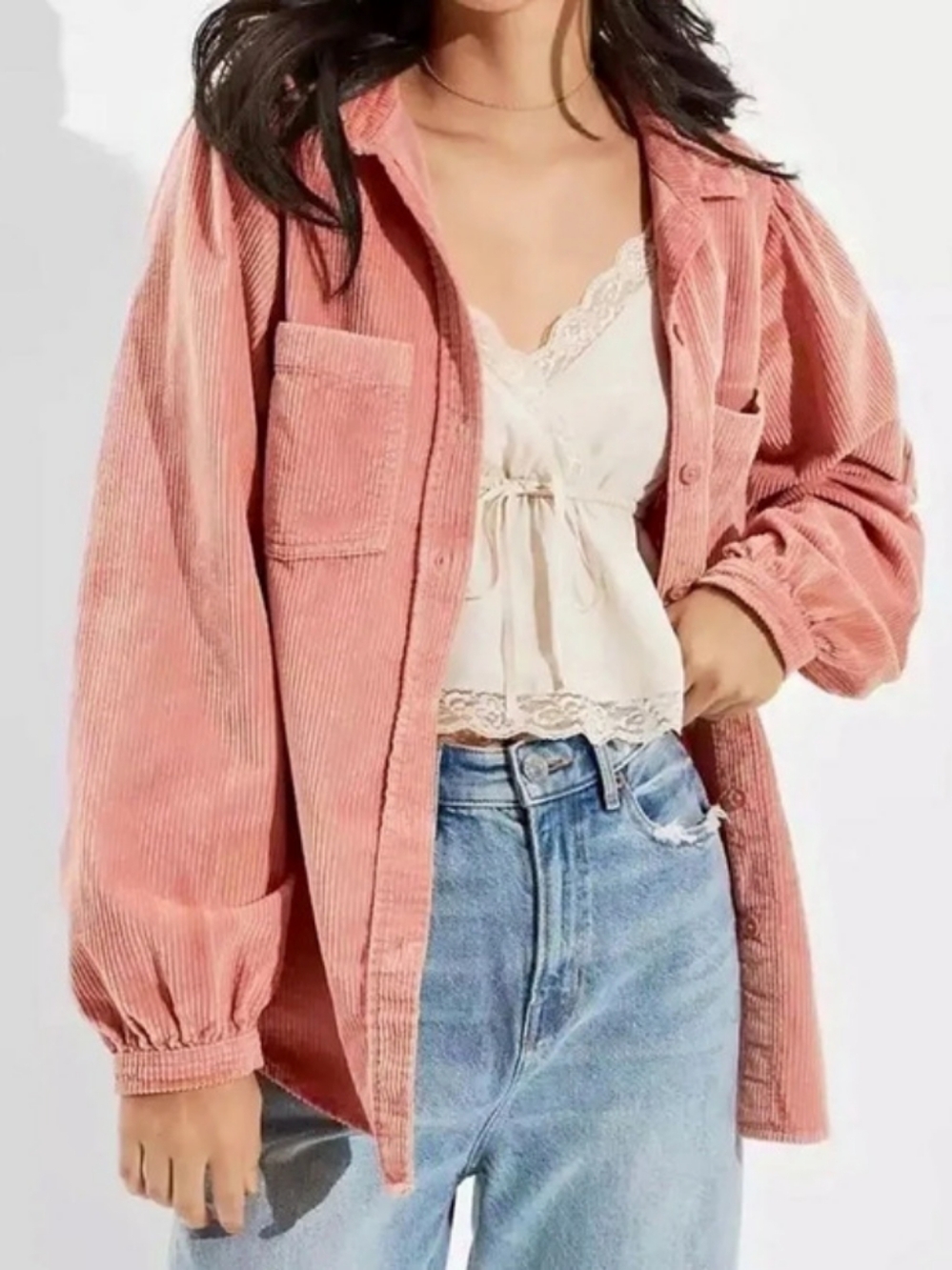 American Eagle Pink Corduroy Button Up Shirt